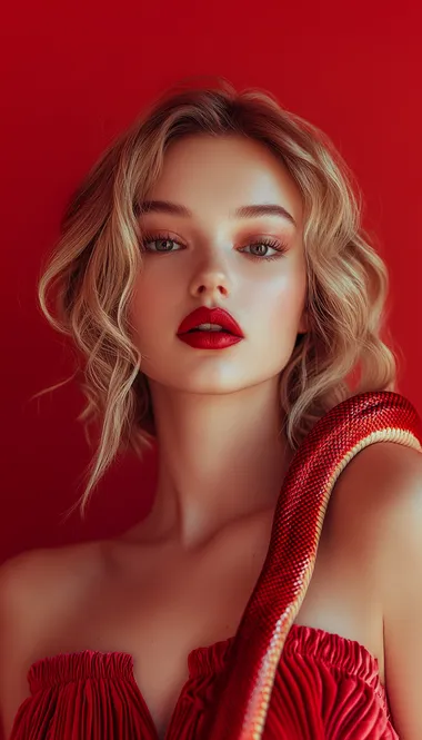 Beautiful woman with a red snake on her shoulder, studio photo for an Instagram post, red background, wearing a modern dress and lipstick, light waves hairstyle, looking at the camera, fashion photography, bright colors, soft light, minimalism, portrait photography, by an award-winning photographer, Sony Alpha wide-angle lens, bokeh effect.
