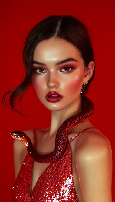Beautiful woman with a red snake on her shoulder, studio photo for an Instagram post, red background, wearing a modern dress and lipstick, light waves hairstyle, looking at the camera, fashion photography, bright colors, soft light, minimalism, portrait photography, by an award-winning photographer, Sony Alpha wide-angle lens, bokeh effect.