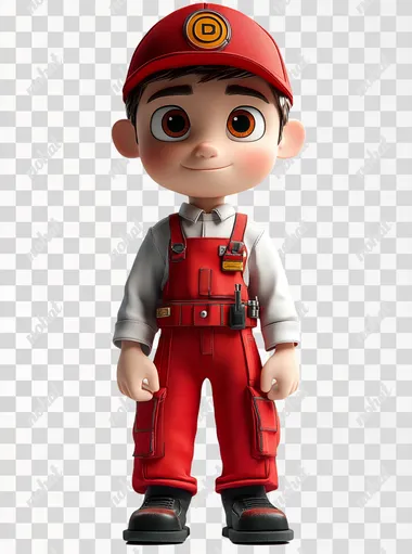 design 3D character technician wearing red combine white uniform and red hat, stand up straight in a ready position , disney pixar style, white background  --s 750