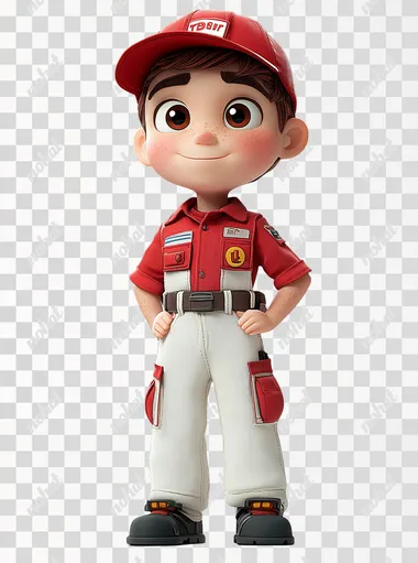 design 3D character technician wearing red combine white uniform and red hat, stand up straight in a ready position , disney pixar style, white background  --s 750