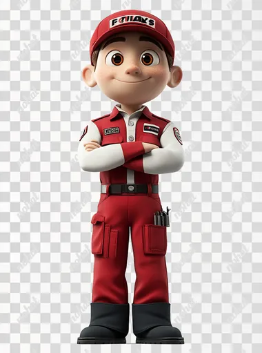 design 3D character technician wearing red combine white uniform and red hat, stand up straight in a ready position , disney pixar style, white background  --s 750
