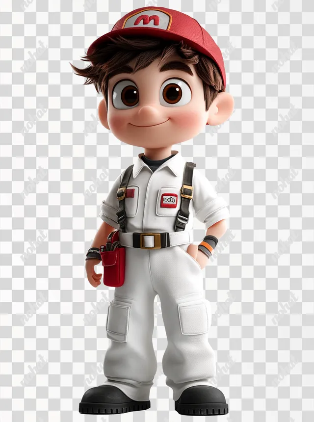 PNG 3D Character Technician Boy in Red Hat and Uniform, Disney Pixar Style