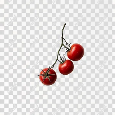 two tomatoes with branch seen from above on white background