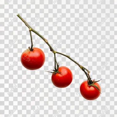 two tomatoes with branch seen from above on white background