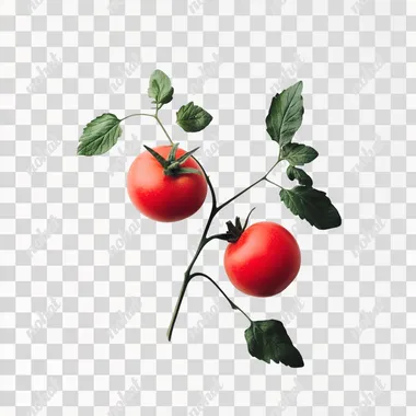 two tomatoes with branch seen from above on white background