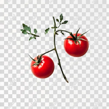 two tomatoes with branch seen from above on white background