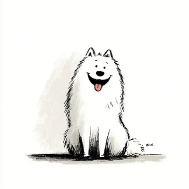 A simple black and white line drawing. There is a very cute big white dog. The dog is sitting. Its tongue is outside of its mouth. There is big smile on its face. The dog is taken the most space of the picture. It is full of storytelling. The composition is simple and the background is white. The style is simple, innocent, warm, lively and positive. The style tends to be cute Japanese cartoon style.  --s 250 --raw