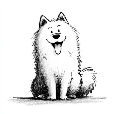 A simple black and white line drawing. There is a very cute big white dog. The dog is sitting. Its tongue is outside of its mouth. There is big smile on its face. The dog is taken the most space of the picture. It is full of storytelling. The composition is simple and the background is white. The style is simple, innocent, warm, lively and positive. The style tends to be cute Japanese cartoon style.  --s 250 --raw