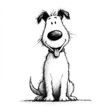 A simple black and white line drawing. There is a very cute big white dog. The dog is sitting. Its tongue is outside of its mouth. There is big smile on its face. The dog is taken the most space of the picture. It is full of storytelling. The composition is simple and the background is white. The style is simple, innocent, warm, lively and positive. The style tends to be cute Japanese cartoon style.  --s 250 --raw