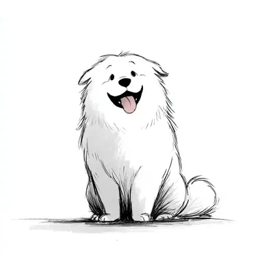 A simple black and white line drawing. There is a very cute big white dog. The dog is sitting. Its tongue is outside of its mouth. There is big smile on its face. The dog is taken the most space of the picture. It is full of storytelling. The composition is simple and the background is white. The style is simple, innocent, warm, lively and positive. The style tends to be cute Japanese cartoon style.  --s 250 --raw