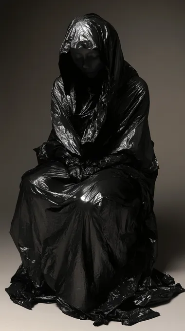 Artistic fashion portrait, minimalism, model covered in black trash bag, medium shot, in the style of Nick Knight and Jeanloup Sieff. Artistic fashion portrait, minimalism, model covered in black trash bag, medium shot