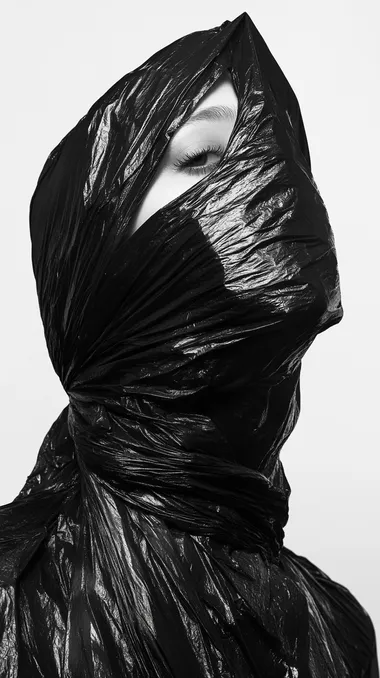 Artistic fashion portrait, minimalism, model covered in black trash bag, medium shot, in the style of Nick Knight and Jeanloup Sieff. Artistic fashion portrait, minimalism, model covered in black trash bag, medium shot