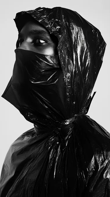Artistic fashion portrait, minimalism, model covered in black trash bag, medium shot, in the style of Nick Knight and Jeanloup Sieff. Artistic fashion portrait, minimalism, model covered in black trash bag, medium shot