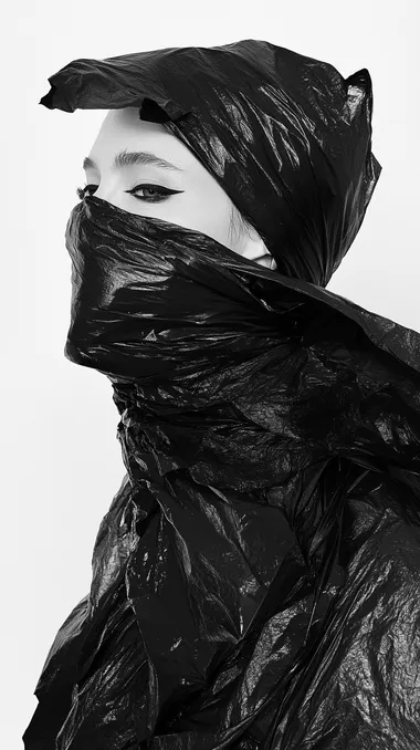Artistic fashion portrait, minimalism, model covered in black trash bag, medium shot, in the style of Nick Knight and Jeanloup Sieff. Artistic fashion portrait, minimalism, model covered in black trash bag, medium shot