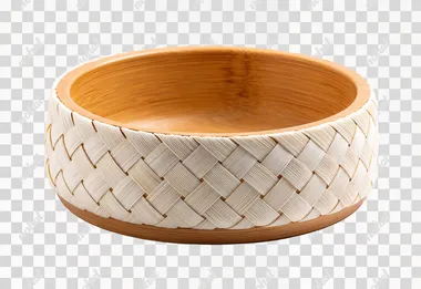 Bamboo woven cat bowl, the exterior is hand-woven with natural bamboo strips, featuring a tight texture. The interior is made of light wood color bamboo, with an anti-slip pad at the bottom. It has a minimalist and natural style, a white background, studio lighting, high-definition product photography, and 8k details