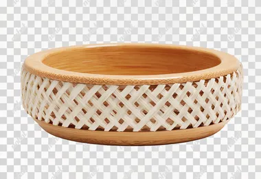 Bamboo woven cat bowl, the exterior is hand-woven with natural bamboo strips, featuring a tight texture. The interior is made of light wood color bamboo, with an anti-slip pad at the bottom. It has a minimalist and natural style, a white background, studio lighting, high-definition product photography, and 8k details