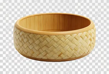 Bamboo woven cat bowl, the exterior is hand-woven with natural bamboo strips, featuring a tight texture. The interior is made of light wood color bamboo, with an anti-slip pad at the bottom. It has a minimalist and natural style, a white background, studio lighting, high-definition product photography, and 8k details