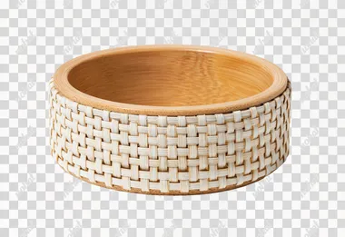 Bamboo woven cat bowl, the exterior is hand-woven with natural bamboo strips, featuring a tight texture. The interior is made of light wood color bamboo, with an anti-slip pad at the bottom. It has a minimalist and natural style, a white background, studio lighting, high-definition product photography, and 8k details