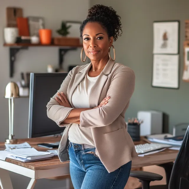 Confident Black Woman in Chic Home Office, Focused on Goals