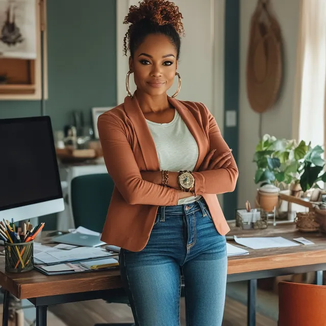 Determined Black woman in stylish home office with computer desk