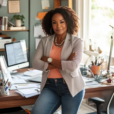 an image showing a black woman who is determined to reach her goal. She is a woman in her 40's wearing a t-shirt and blazer, paired with jeans and medium heel, closed-toed shoes. She has her arms crossed and is leaning on her desk in her at-home office. She has a pleasant look on her face, but at the same time looks like she means business. Her office is full of natural light, and is neat and organized. There are papers on her desk, along with her laptop computer and an additional computer monitor. The decor in her office is a combination of sage green and white, with pops of orange as an accent color.