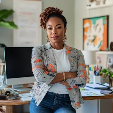 an image showing a black woman who is determined to reach her goal. She is a woman in her 40's wearing a t-shirt and blazer, paired with jeans and medium heel, closed-toed shoes. She has her arms crossed and is leaning on her desk in her at-home office. She has a pleasant look on her face, but at the same time looks like she means business. Her office is full of natural light, and is neat and organized. There are papers on her desk, along with her laptop computer and an additional computer monitor. The decor in her office is a combination of sage green and white, with pops of orange as an accent color.