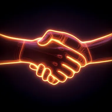 A handshake with hands formed of glowing neon light, creating an electrifying contrast against a dark background q2, 8k, realistic
