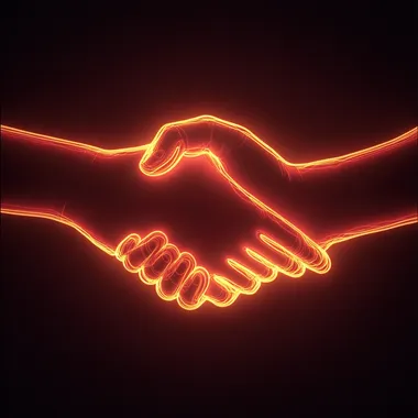 A handshake with hands formed of glowing neon light, creating an electrifying contrast against a dark background q2, 8k, realistic