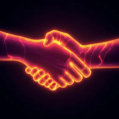 A handshake with hands formed of glowing neon light, creating an electrifying contrast against a dark background q2, 8k, realistic