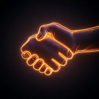A handshake with hands formed of glowing neon light, creating an electrifying contrast against a dark background q2, 8k, realistic