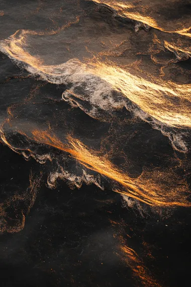 Evening scene, black sand beach with white and golden waves, high-angle aerial perspective, dramatic contrast, serene yet striking ocean scenery, soft twilight lighting, warm golden hues blending with dark tones, cinematic composition, ultra-realistic details, vibrant colors, dynamic textures, ethereal and majestic atmosphere, glowing waves under the fading light.  --s 50