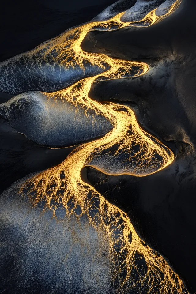 Aerial view of a serene desert river at twilight with vibrant colors