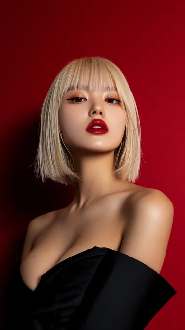 blonde Korean woman, slim face shape, shoulder-length straight hair with bangs, wearing a black strapless dress, posing for an Instagram story, against a red background. Photorealistic, high-resolution image.   ssq743a