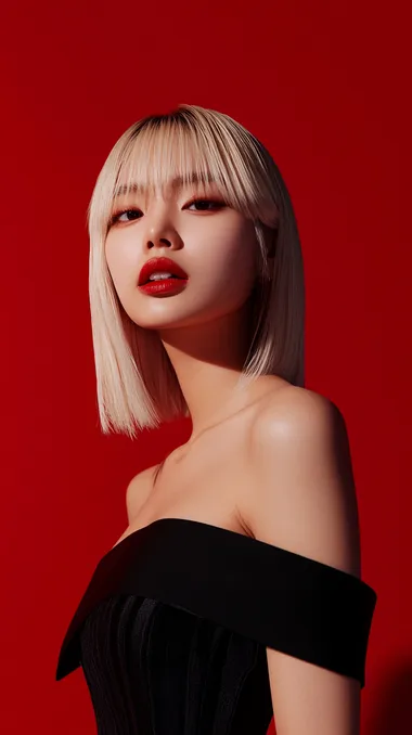 blonde Korean woman, slim face shape, shoulder-length straight hair with bangs, wearing a black strapless dress, posing for an Instagram story, against a red background. Photorealistic, high-resolution image.   ssq743a