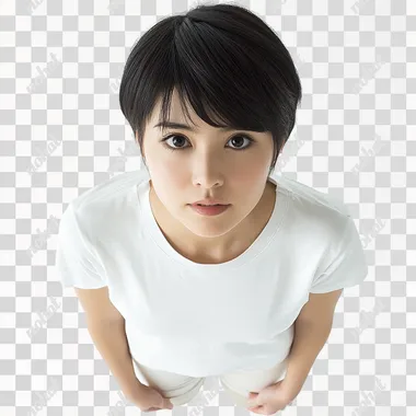 Asian woman, short hair, wearing a white short-sleeved t-shirt, wearing short pants, camera view from above, looking down 45 degrees, looking forward,isolated white background