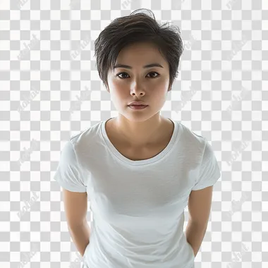 Asian woman, short hair, wearing a white short-sleeved t-shirt, wearing short pants, camera view from above, looking down 45 degrees, looking forward,isolated white background