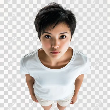 Asian woman, short hair, wearing a white short-sleeved t-shirt, wearing short pants, camera view from above, looking down 45 degrees, looking forward,isolated white background