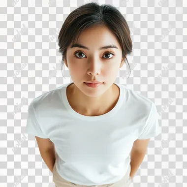 Asian woman, short hair, wearing a white short-sleeved t-shirt, wearing short pants, camera view from above, looking down 45 degrees, looking forward,isolated white background