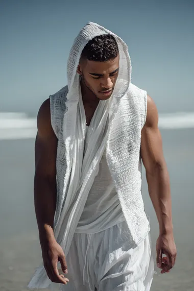 Create a stunning image of an LGBTQ beautiful male model wearing all white catwalk fashion clothing, in a beach environment, Nikon photo shoot quality