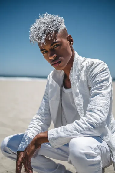 Create a stunning image of an LGBTQ beautiful male model wearing all white catwalk fashion clothing, in a beach environment, Nikon photo shoot quality