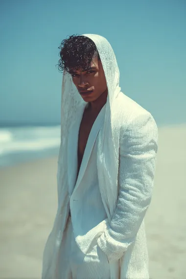 Create a stunning image of an LGBTQ beautiful male model wearing all white catwalk fashion clothing, in a beach environment, Nikon photo shoot quality