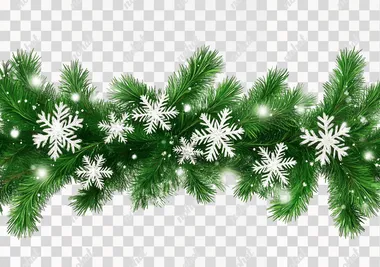 Fir tree branch with snowflakes and garland decoration, green pine branches border isolated on a transparent background, cutout PNG file for design elements.