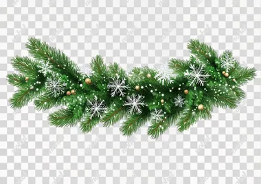 Fir tree branch with snowflakes and garland decoration, green pine branches border isolated on a transparent background, cutout PNG file for design elements.