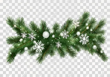 Fir tree branch with snowflakes and garland decoration, green pine branches border isolated on a transparent background, cutout PNG file for design elements.