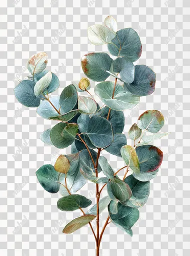 watercolor ultra realistic and high quality eucalyptus ultra thin single stem, soft round leaves, dusty green and blue tones with a little ,slight warm rust tones (#A2B9A0, #9BB8B3), isolated on clean white