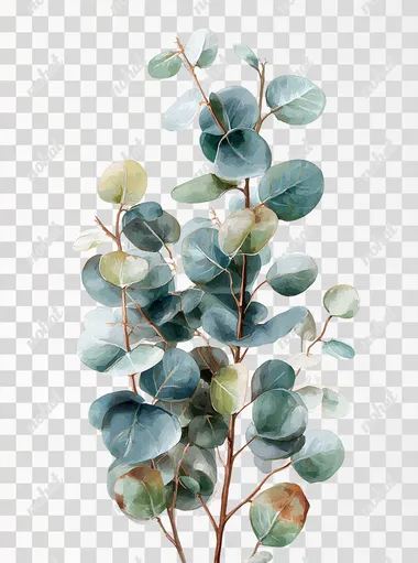 watercolor ultra realistic and high quality eucalyptus ultra thin single stem, soft round leaves, dusty green and blue tones with a little ,slight warm rust tones (#A2B9A0, #9BB8B3), isolated on clean white