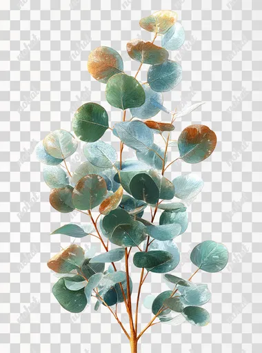 watercolor ultra realistic and high quality eucalyptus ultra thin single stem, soft round leaves, dusty green and blue tones with a little ,slight warm rust tones (#A2B9A0, #9BB8B3), isolated on clean white