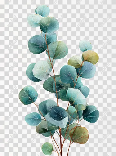 watercolor ultra realistic and high quality eucalyptus ultra thin single stem, soft round leaves, dusty green and blue tones with a little ,slight warm rust tones (#A2B9A0, #9BB8B3), isolated on clean white