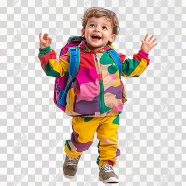 a cute kid wearing colourful outift, showing his backpack in their hand, happy expression, low angle shot, hyper relistic, high quality photo, detailed, on white background