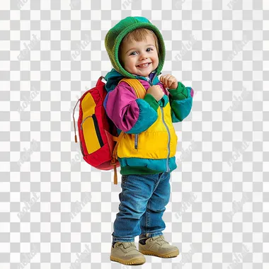 a cute kid wearing colourful outift, showing his backpack in their hand, happy expression, low angle shot, hyper relistic, high quality photo, detailed, on white background